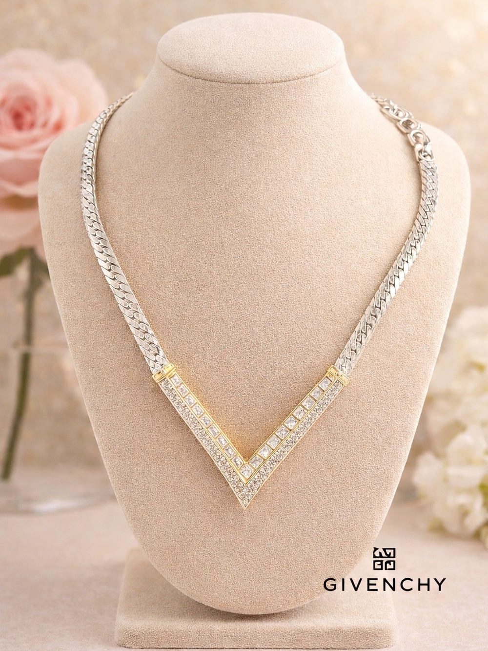 Givenchy Two-Tone V-Point Crystal Necklace — Silver & Gold Accents